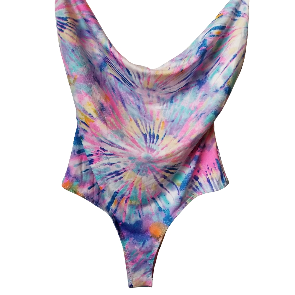 Y2K Bodysuit Sunburst Tie Dye 90's High Waist Coachella Backless Ravecore Sz MED - Picture 2 of 3